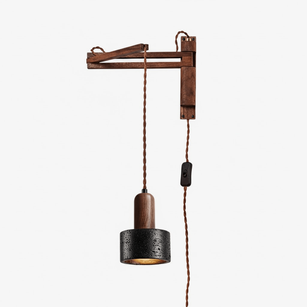 Nulso Adjustable Plug-In Black Travertine Wood Wall Lamp