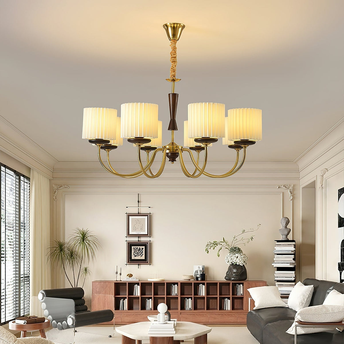 Corviel Chandelier Brass Fabric Pleated Shades