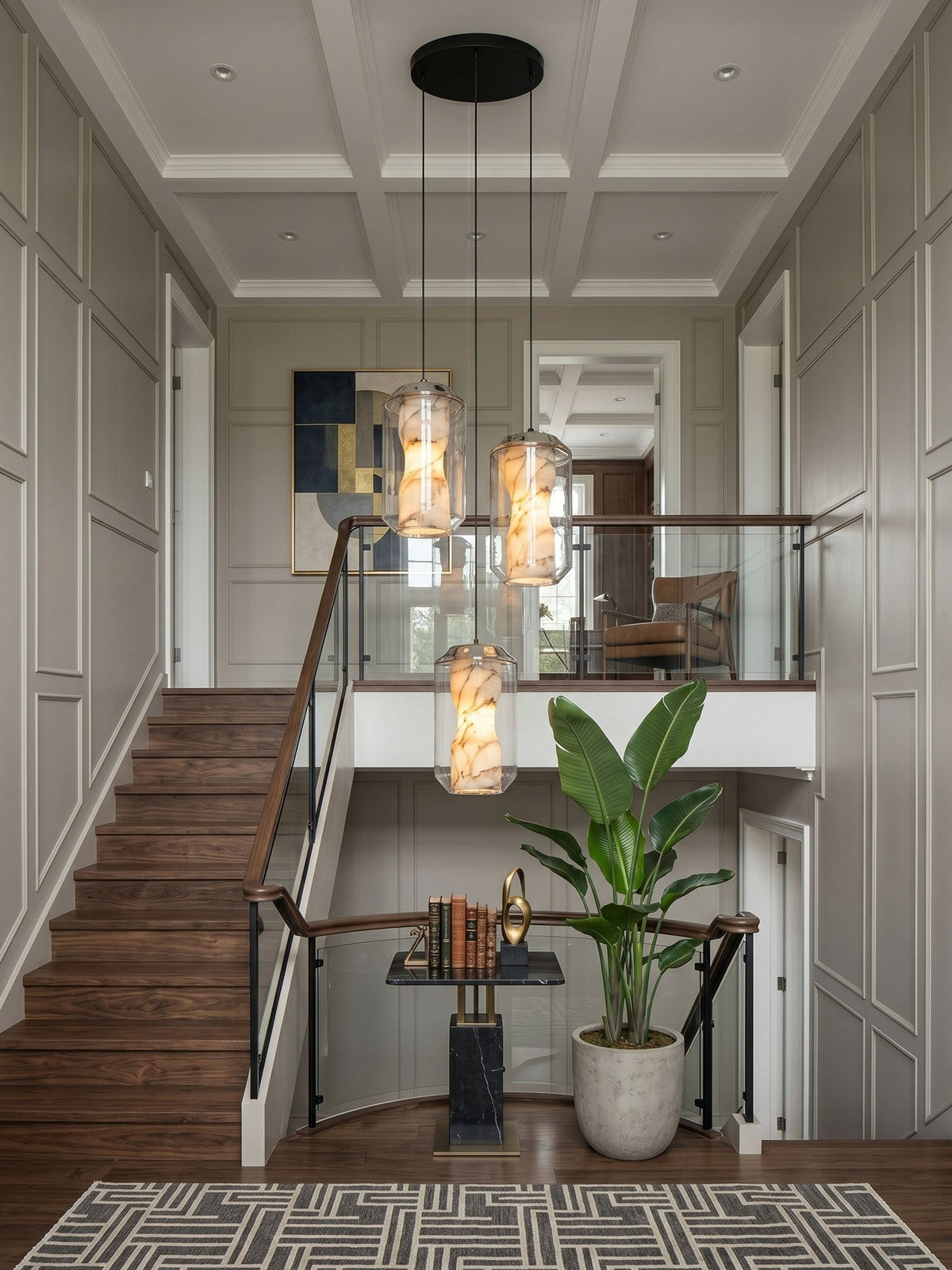 Yikia Alabaster Glass Cylinder Pendant Light
