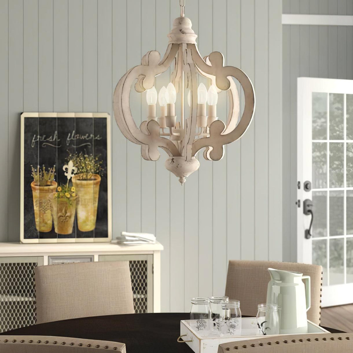 Rinaian Chandelier Scroll Wood Whitewashed Rustic