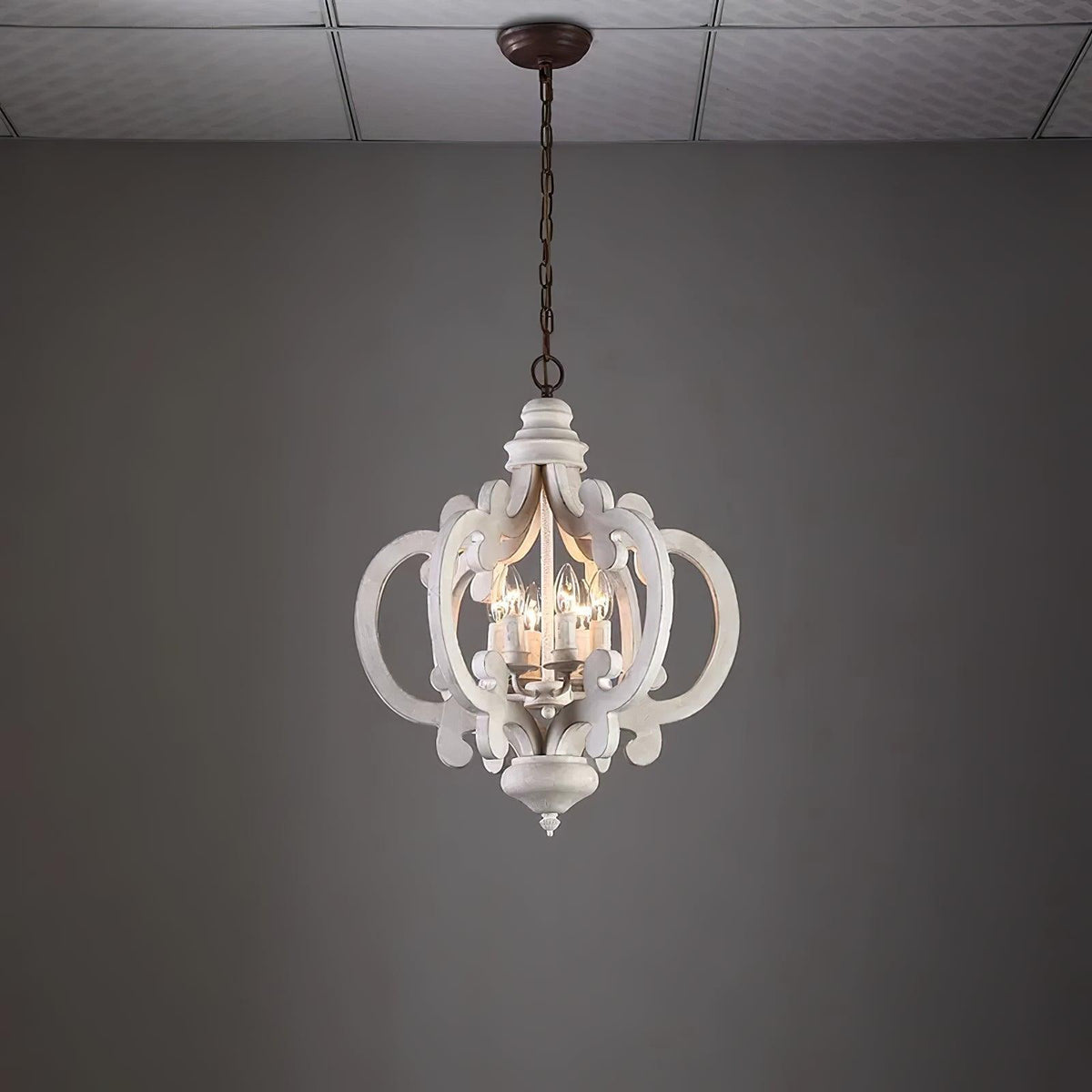 Rinaian Chandelier Scroll Wood Whitewashed Rustic
