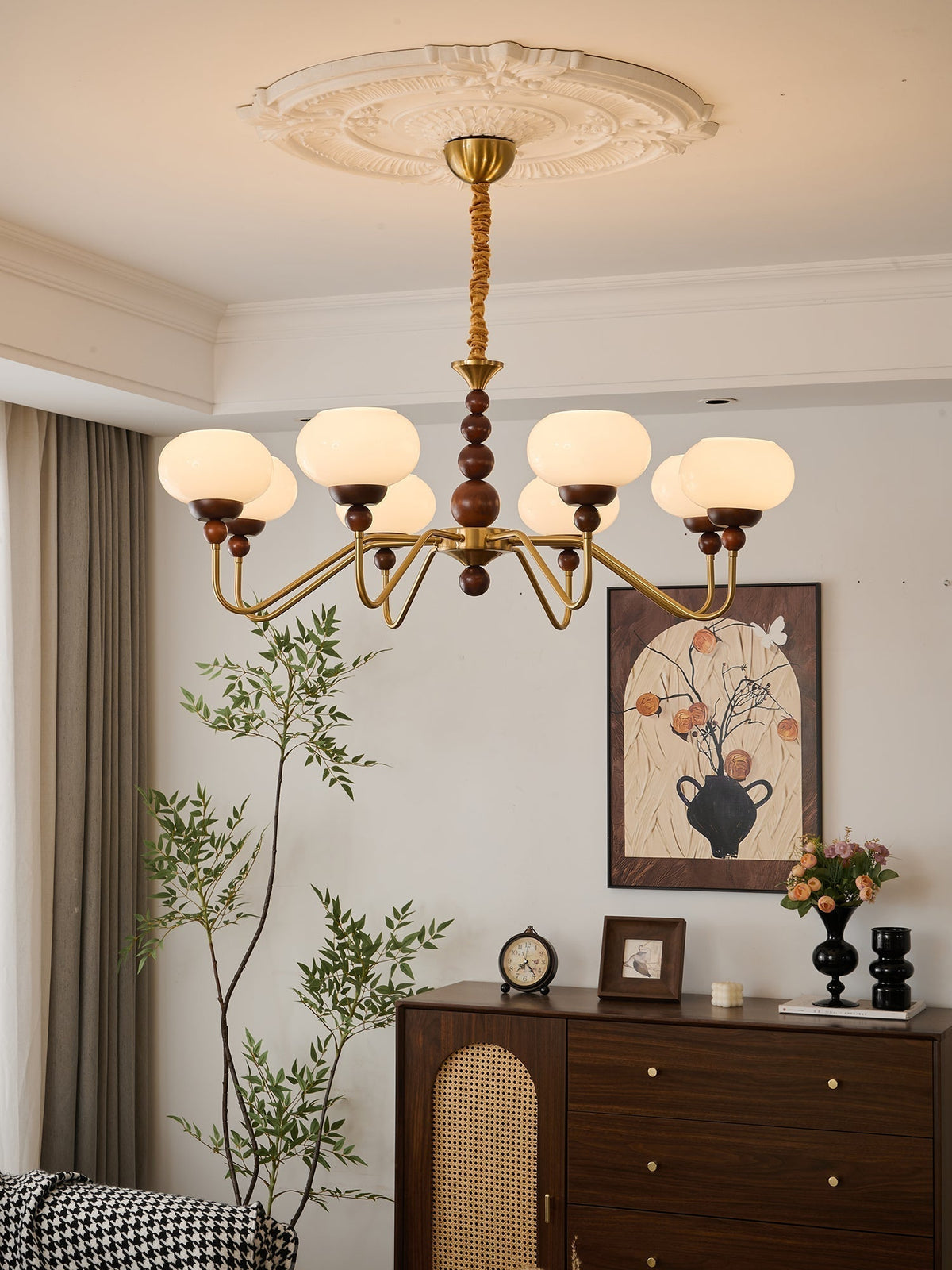 Sylaian Chandelier Glass Wood Brass Modern 6-Light