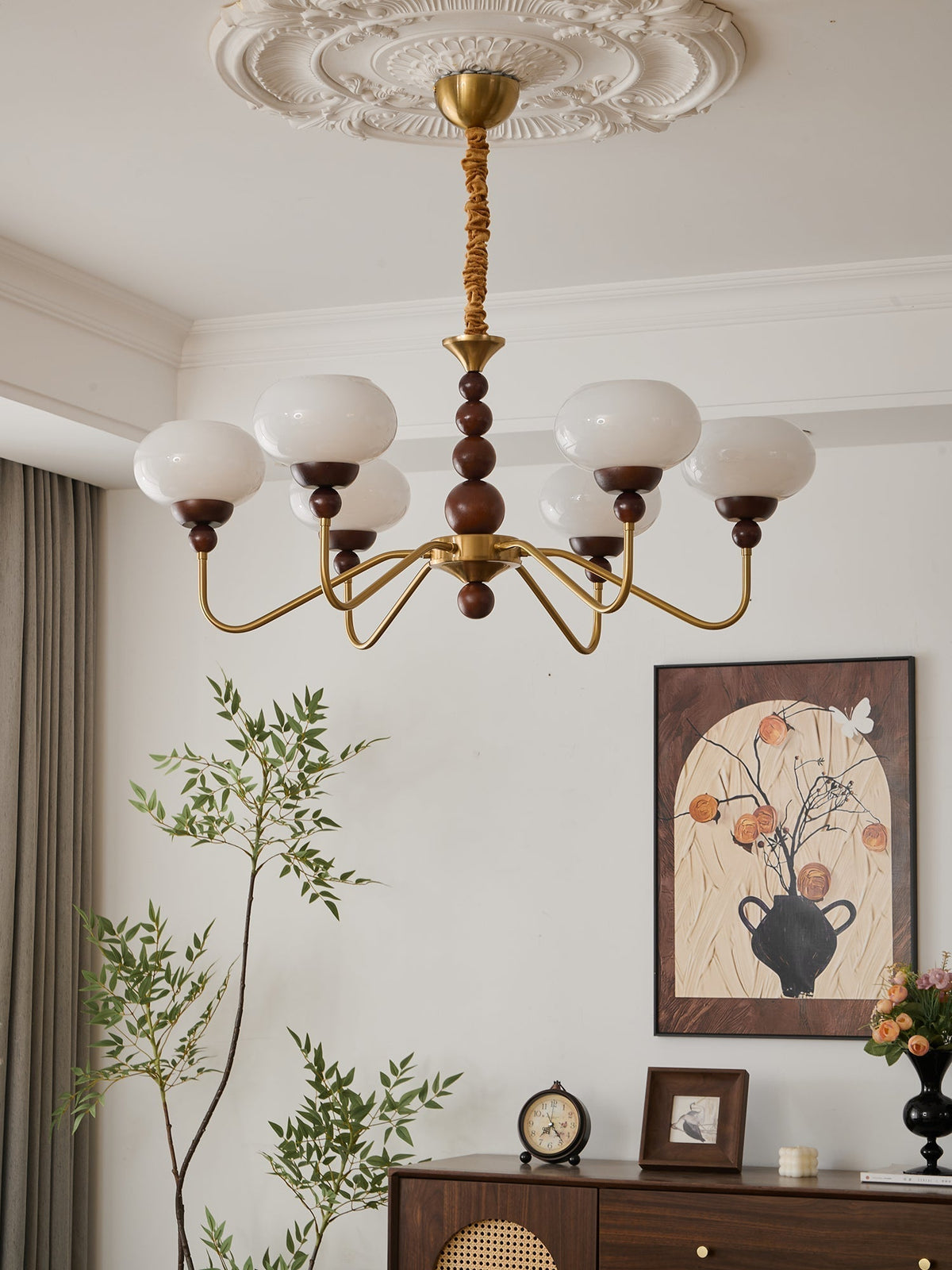 Sylaian Chandelier Glass Wood Brass Modern 6-Light