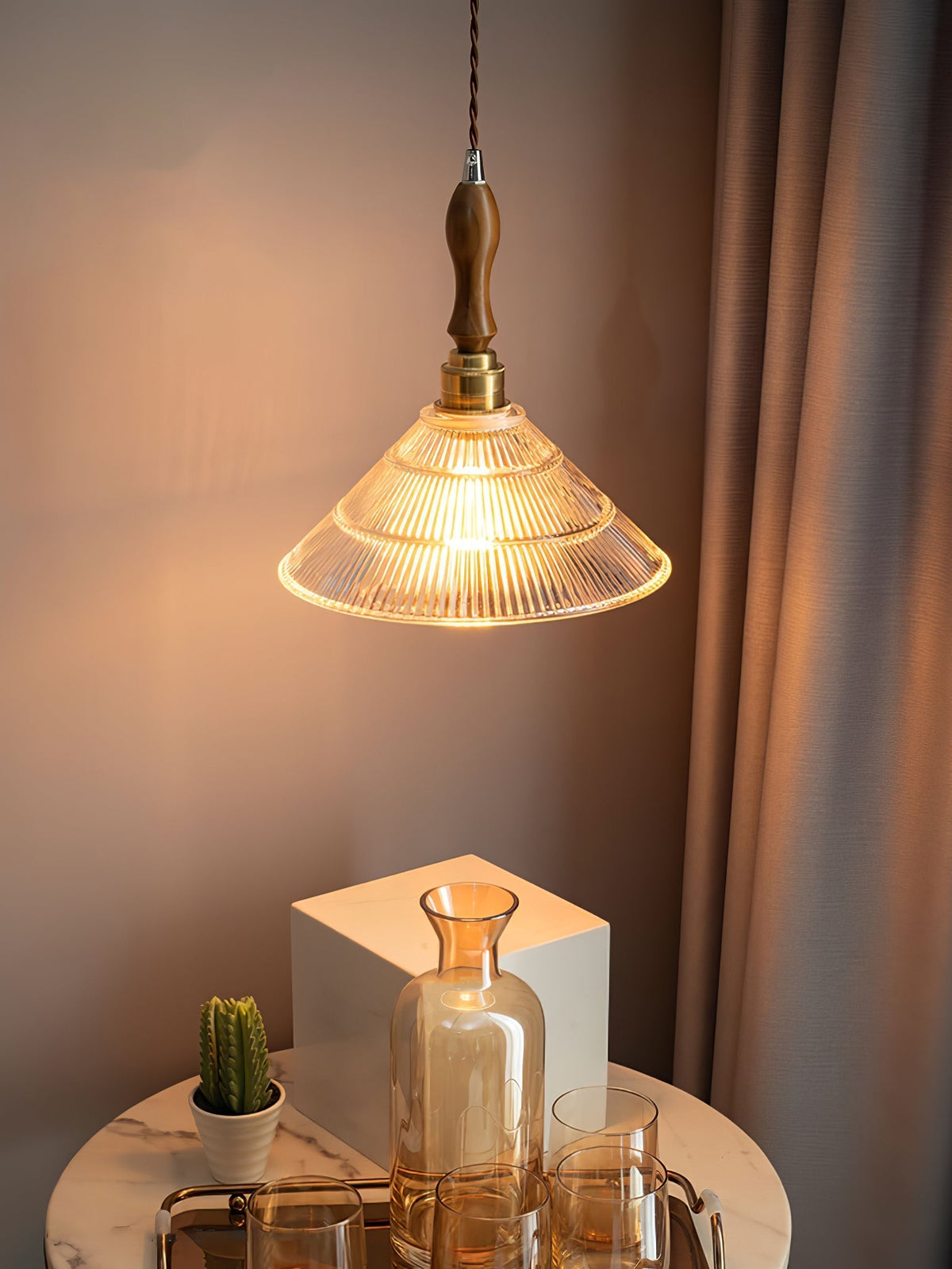 Arcara Vintage Ripple Glass Wood Pendant Lamp