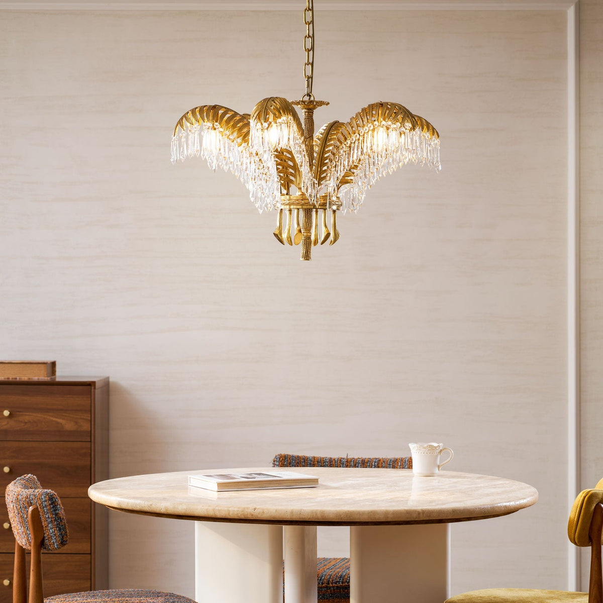 Peya Brass Palm Leaf Crystal Chandelier