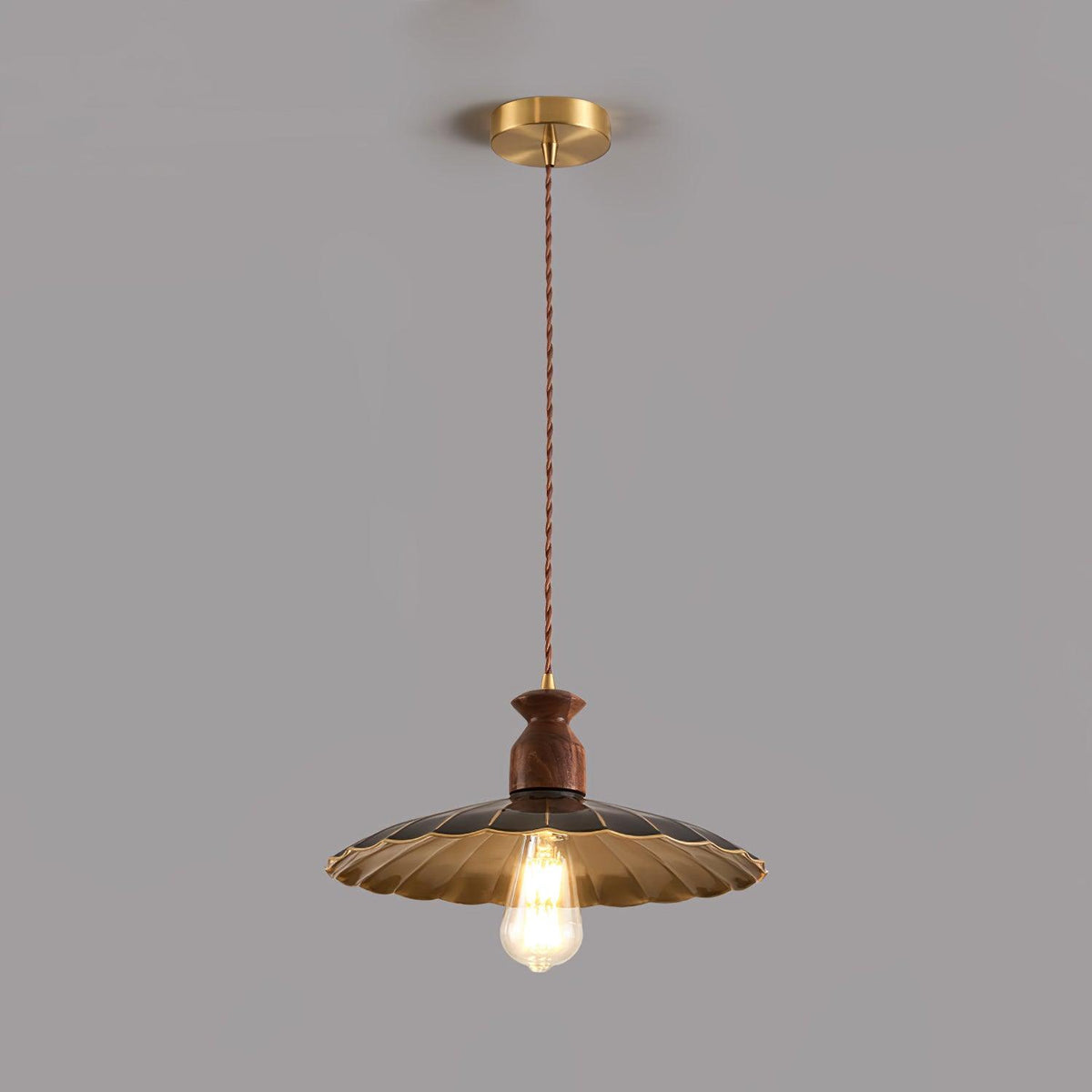 Qior Brass Classic Elegance Crest Wood Pendant Light