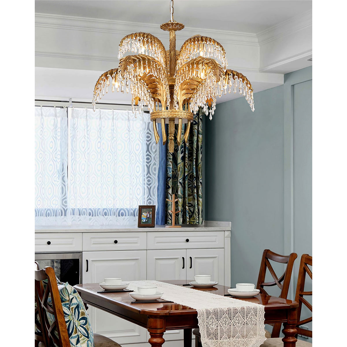 Peya Brass Palm Leaf Crystal Chandelier