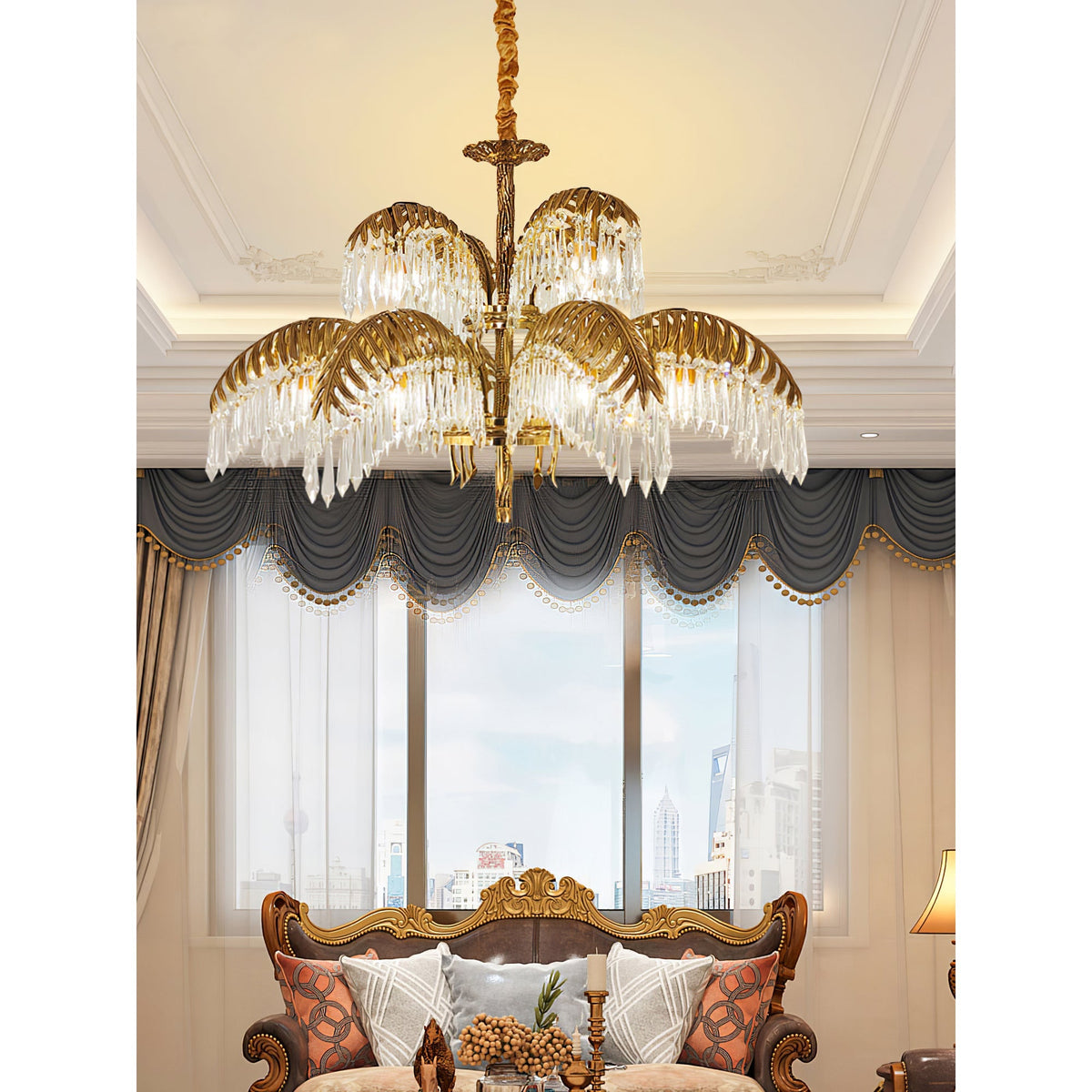 Peya Brass Palm Leaf Crystal Chandelier
