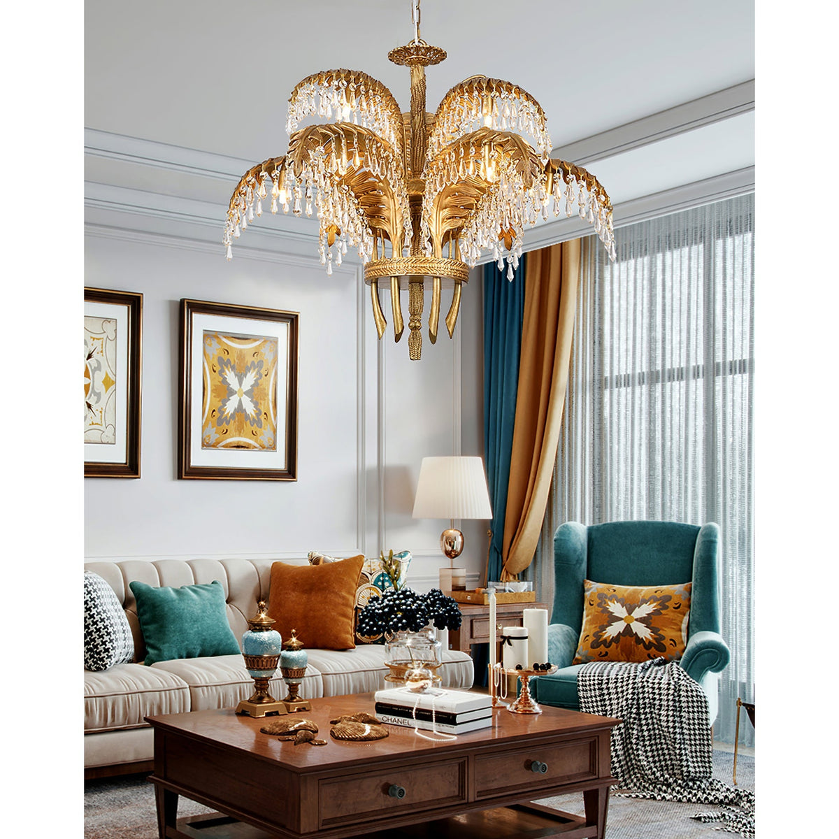 Peya Brass Palm Leaf Crystal Chandelier