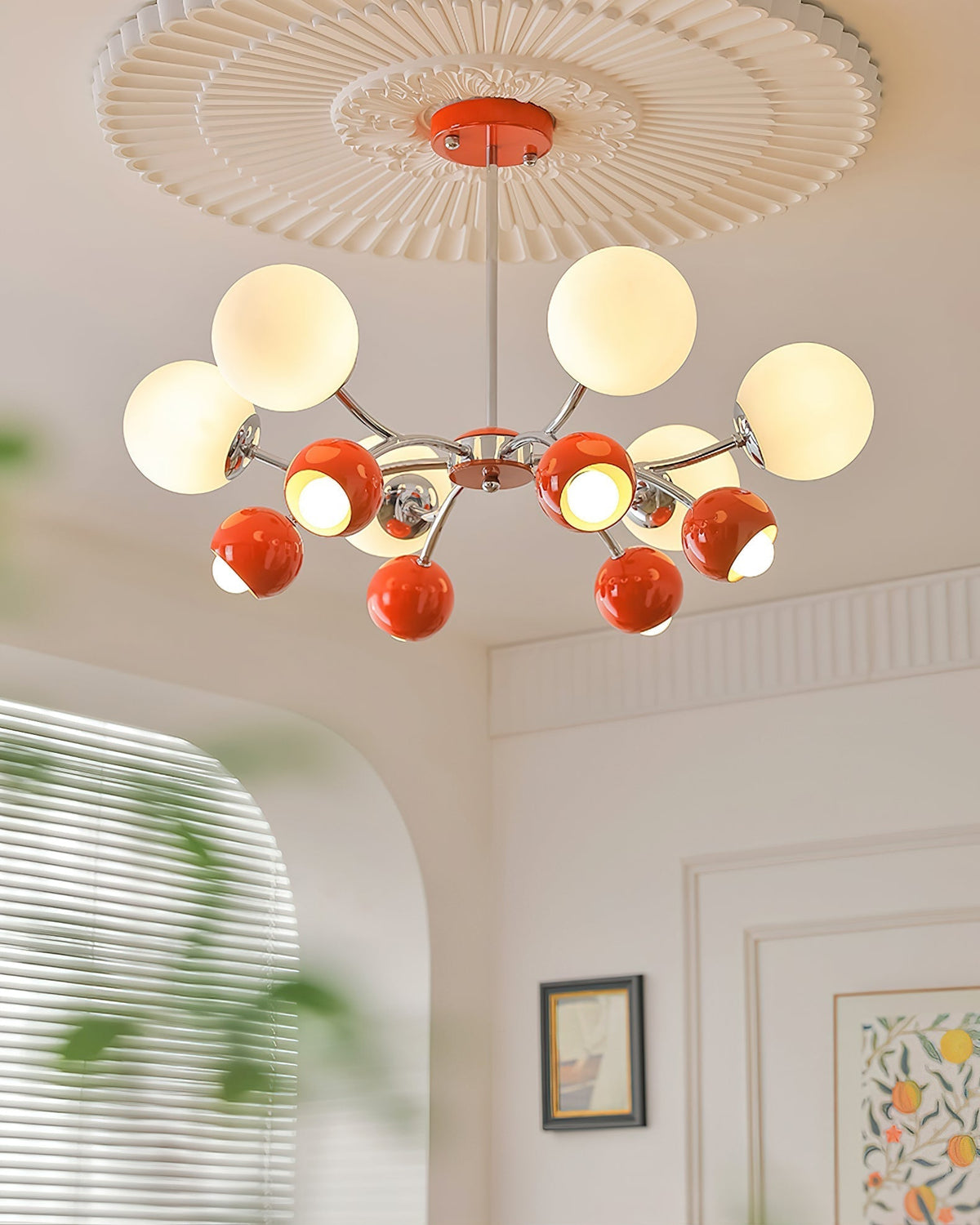 Noxiren Chandelier Chrome Red Cream Globe