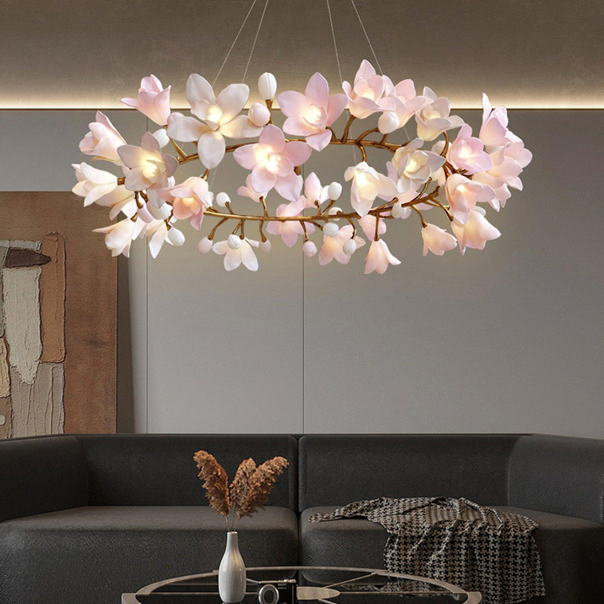 Elemu Chandelier Brass Ceramic Blossom
