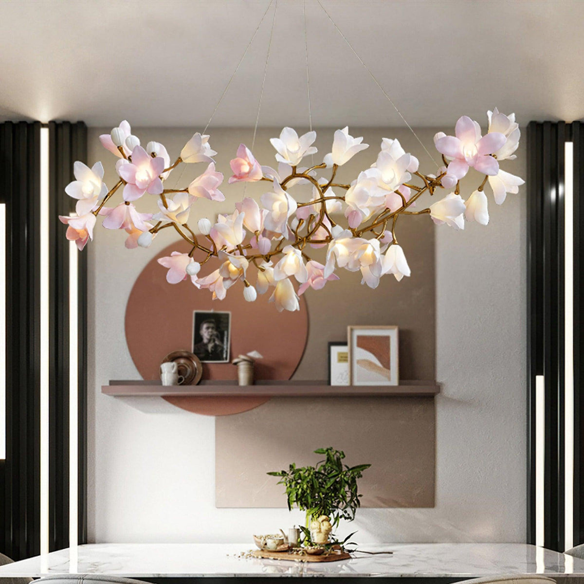Elemu Chandelier Brass Ceramic Blossom