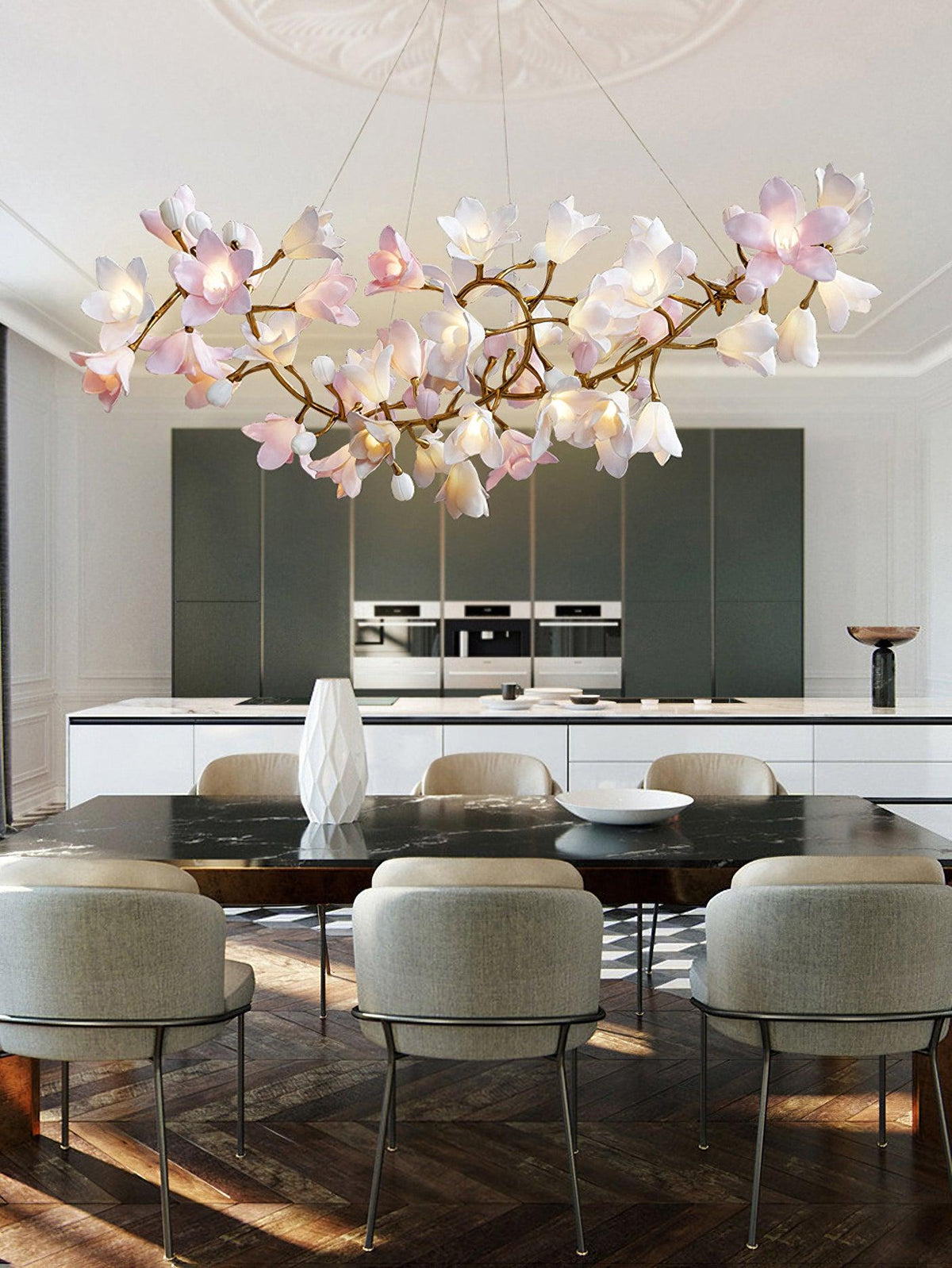 Elemu Chandelier Brass Ceramic Blossom
