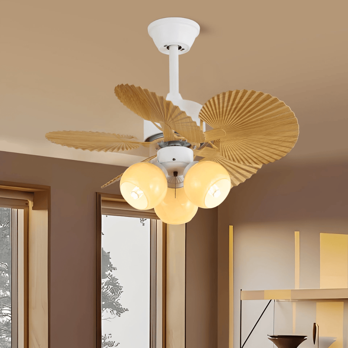 Elvoelle Vintage Wood Glass Ceiling Fan Light