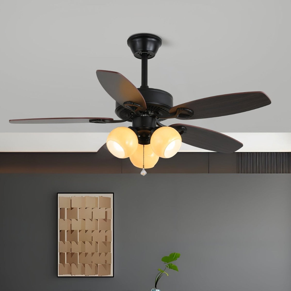 Calviera Vintage Wood Glass Ceiling Fan Light