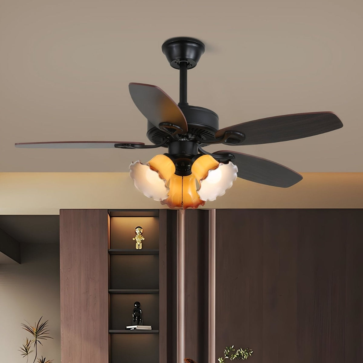 Calviera Vintage Wood Glass Ceiling Fan Light