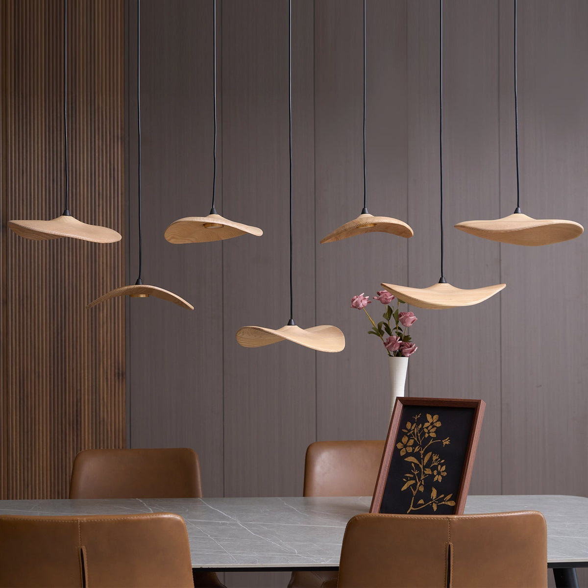Abbott Modern Minimalist Empty Leaf Wood Chandelier