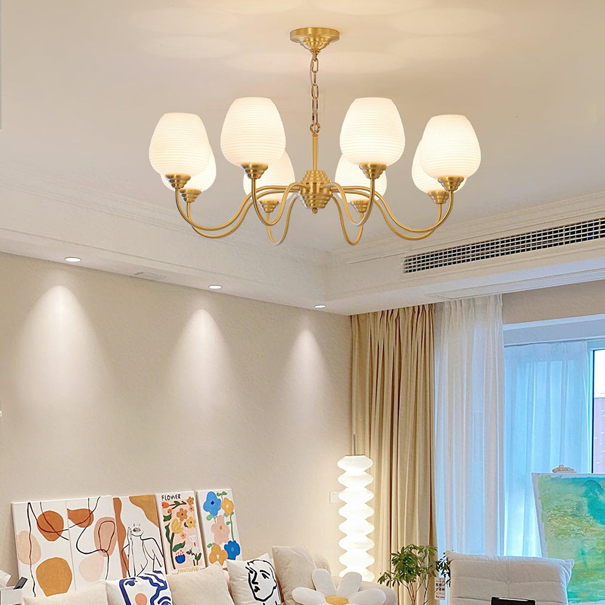 Celenian Chandelier Antique Brass White Glass