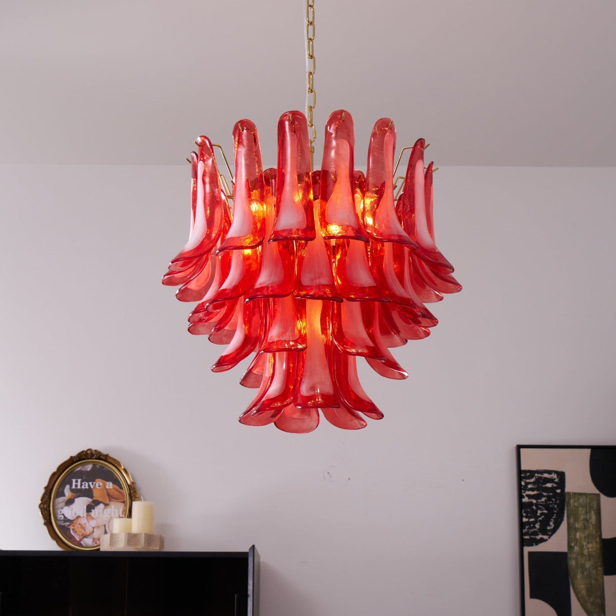 Celarine Chandelier Red Petal Glass Layered Artistic