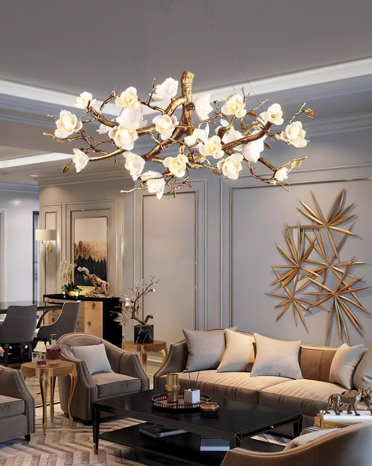 Tominex Postmodern Luxury Flower Bloom Branch Brass Ceramic Chandelier