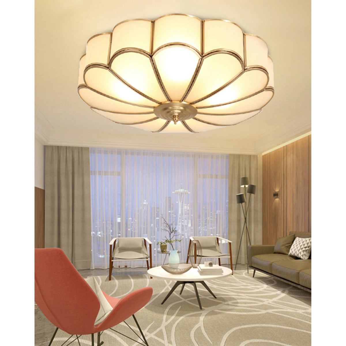 Viraean Modern Minimalist Flower Shape Brass Glass Ceiling Light