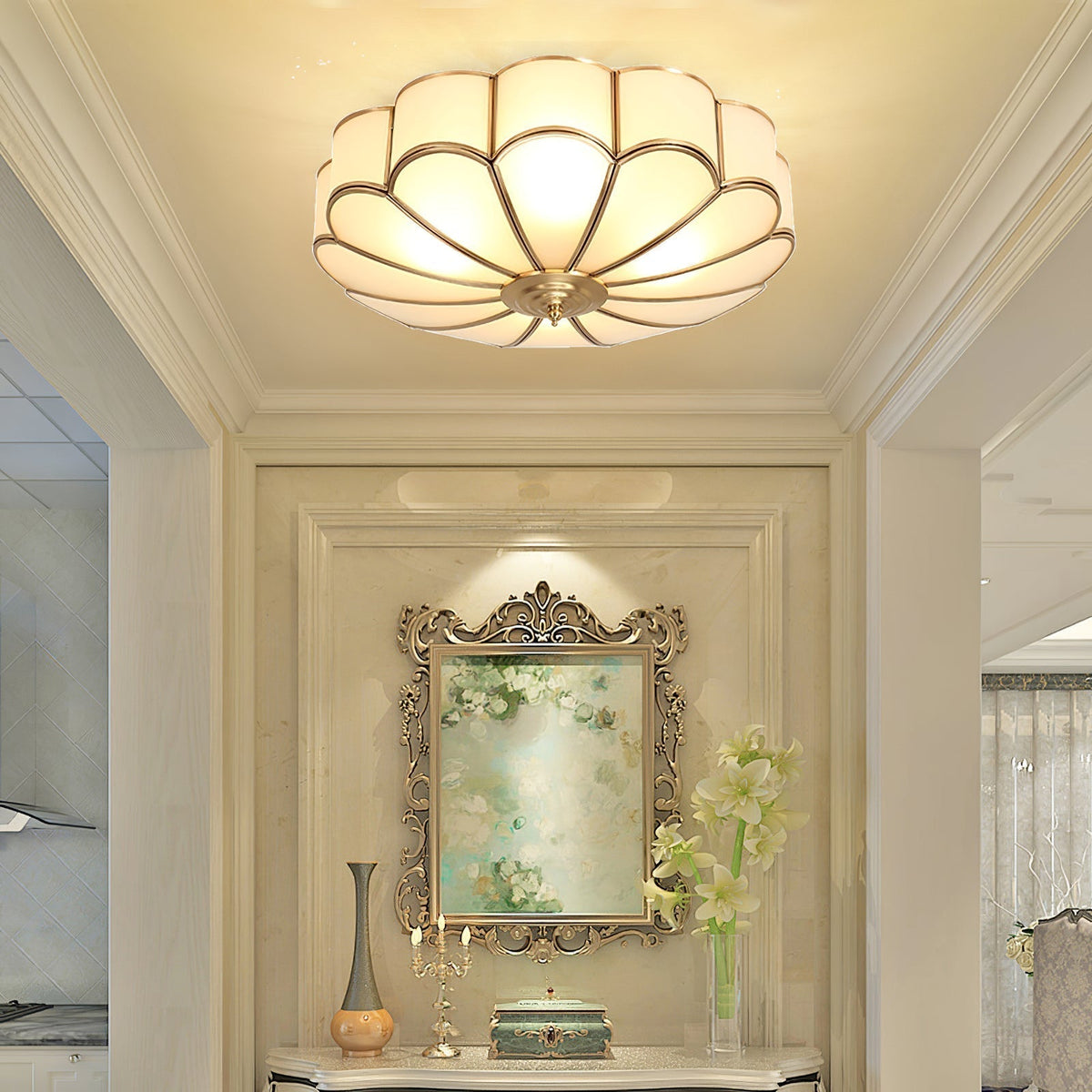Viraean Modern Minimalist Flower Shape Brass Glass Ceiling Light