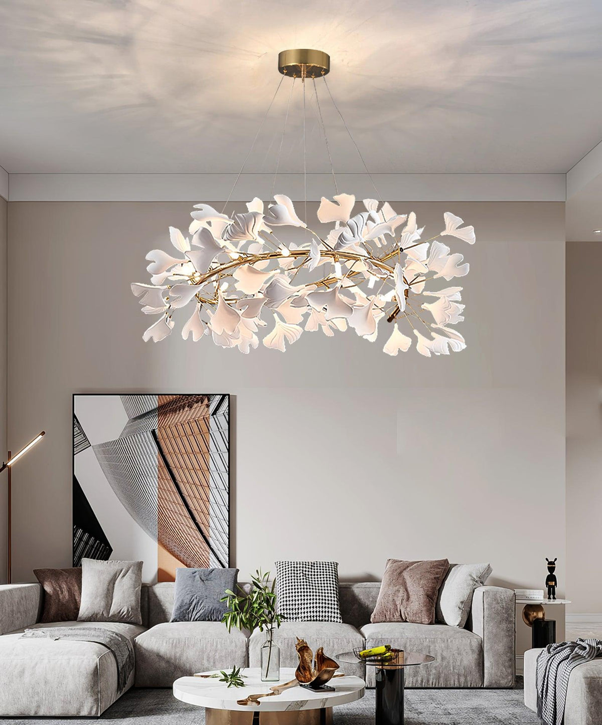 Umberis Pendant Lamp Gingko Porcelain Leaves Gold
