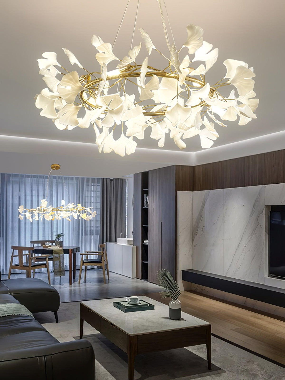 Rirove Pendant Lamp Gingko Ceramic Petals Gold