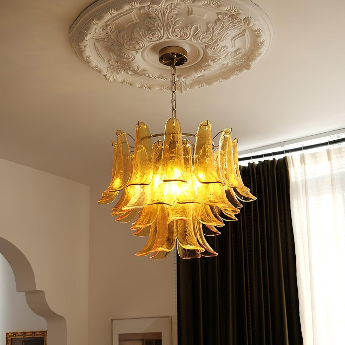 Elvess Chandelier Murano Glass Leaf Golden