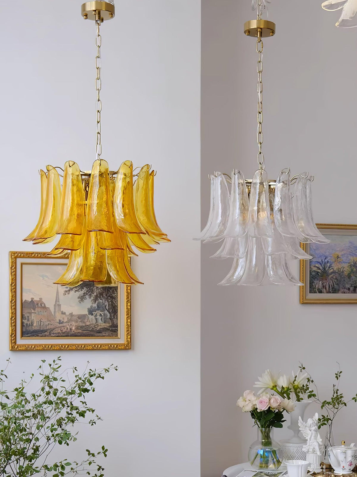 Elvess Chandelier Murano Glass Leaf Golden