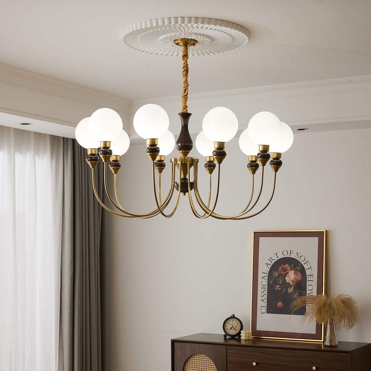 Eiruella Chandelier Brass Arms Frosted Glass Globes