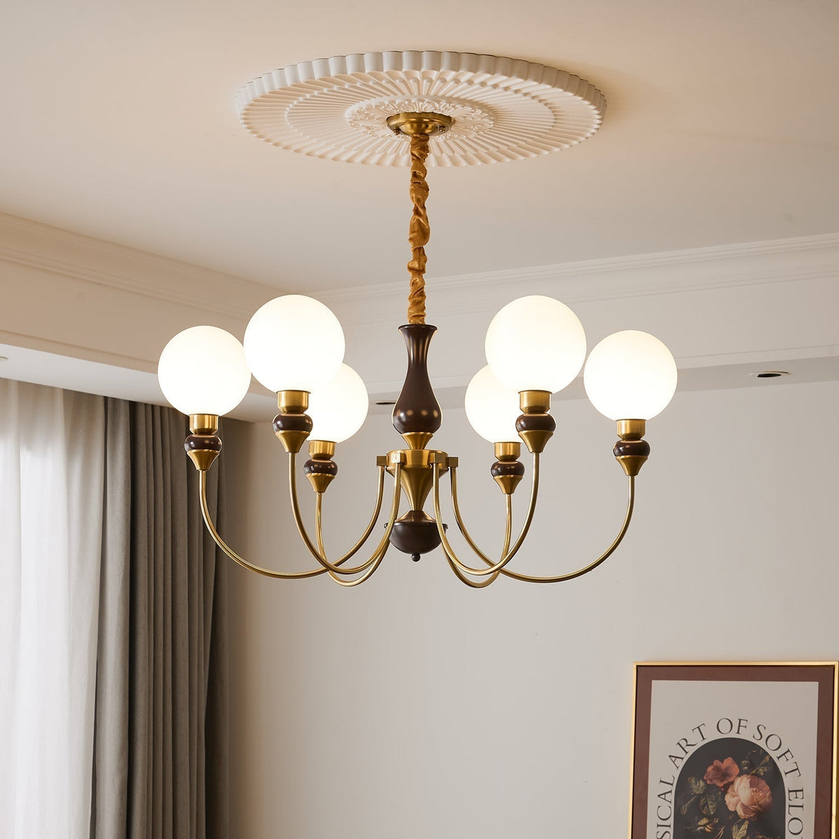 Eiruella Chandelier Brass Arms Frosted Glass Globes