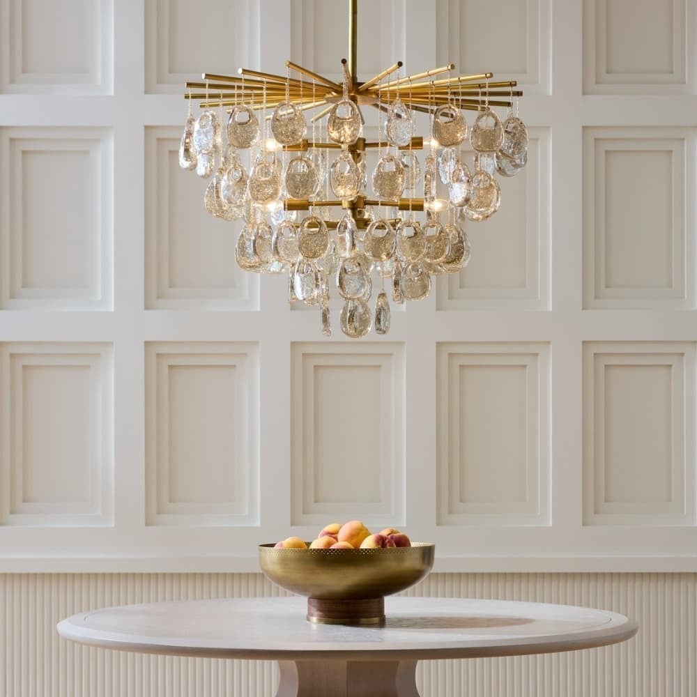 Velaian Chandelier Amber Seedy Glass Drop Antique Brass