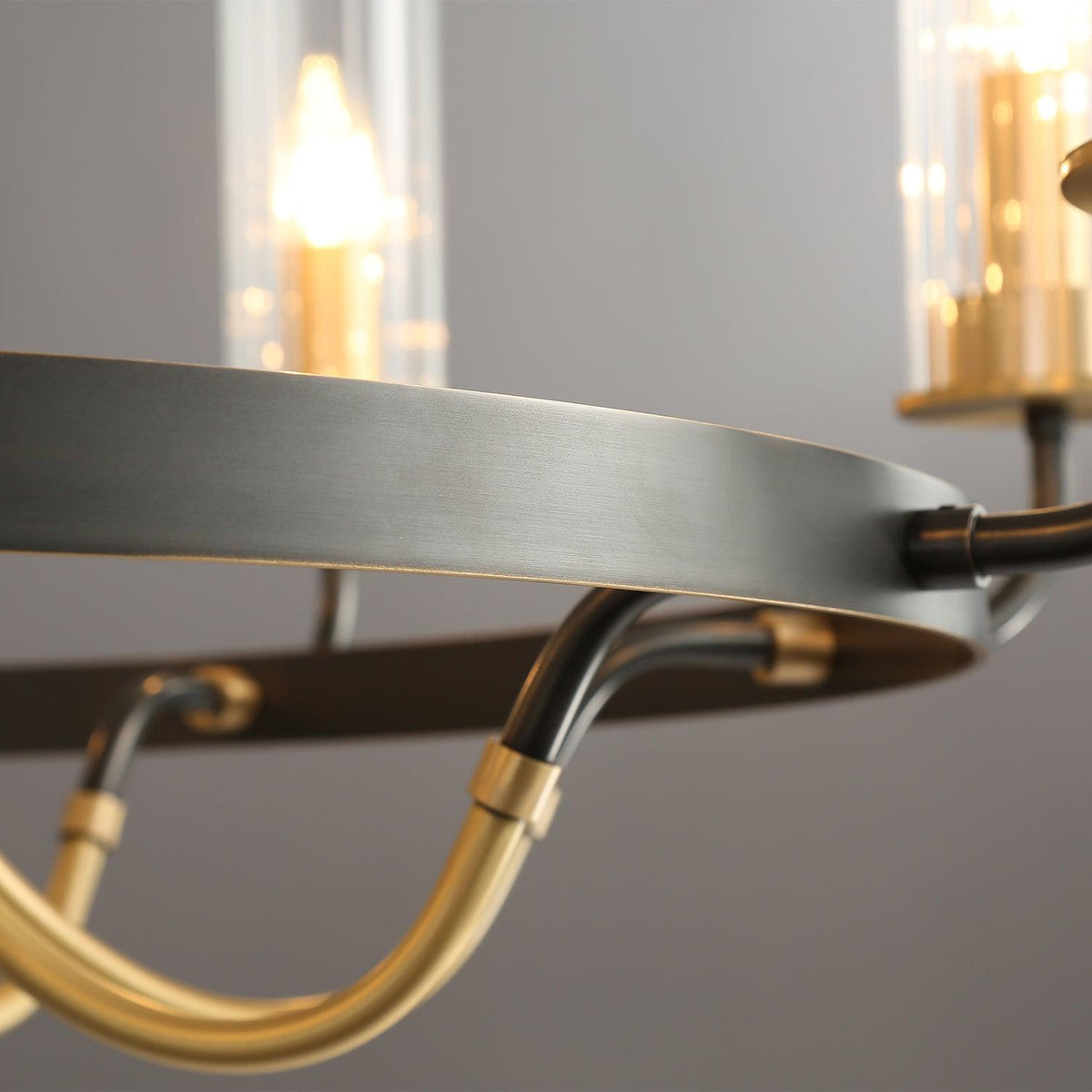 Chandelier Black Round Frame Brass Arms Ribbed Glass