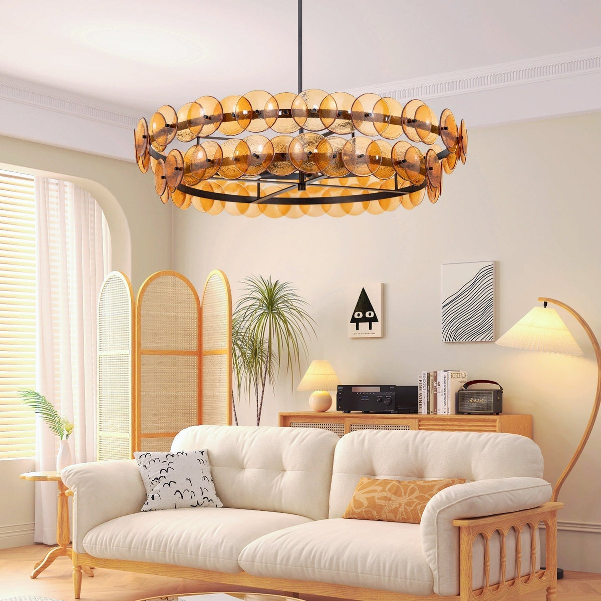 Celalora Chandelier Amber Pressed Glass Disc Round