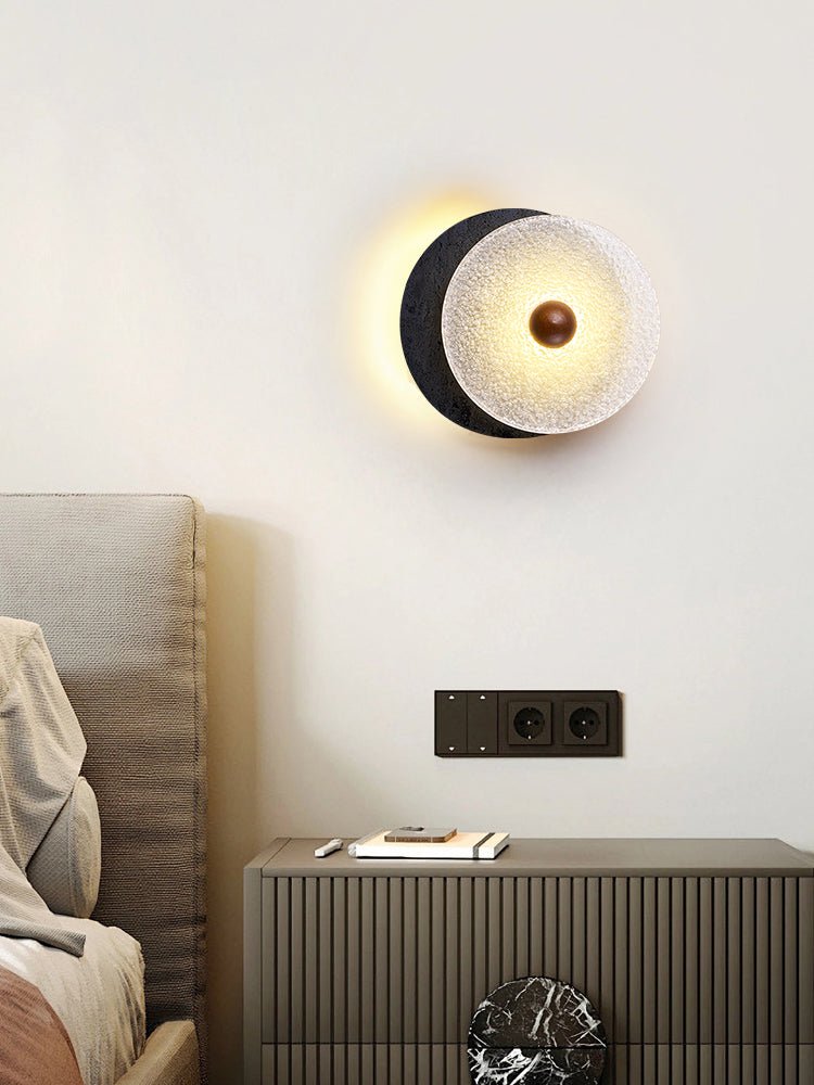 Valalaine Textured Black Travertine Glass Disc Wall Lamp