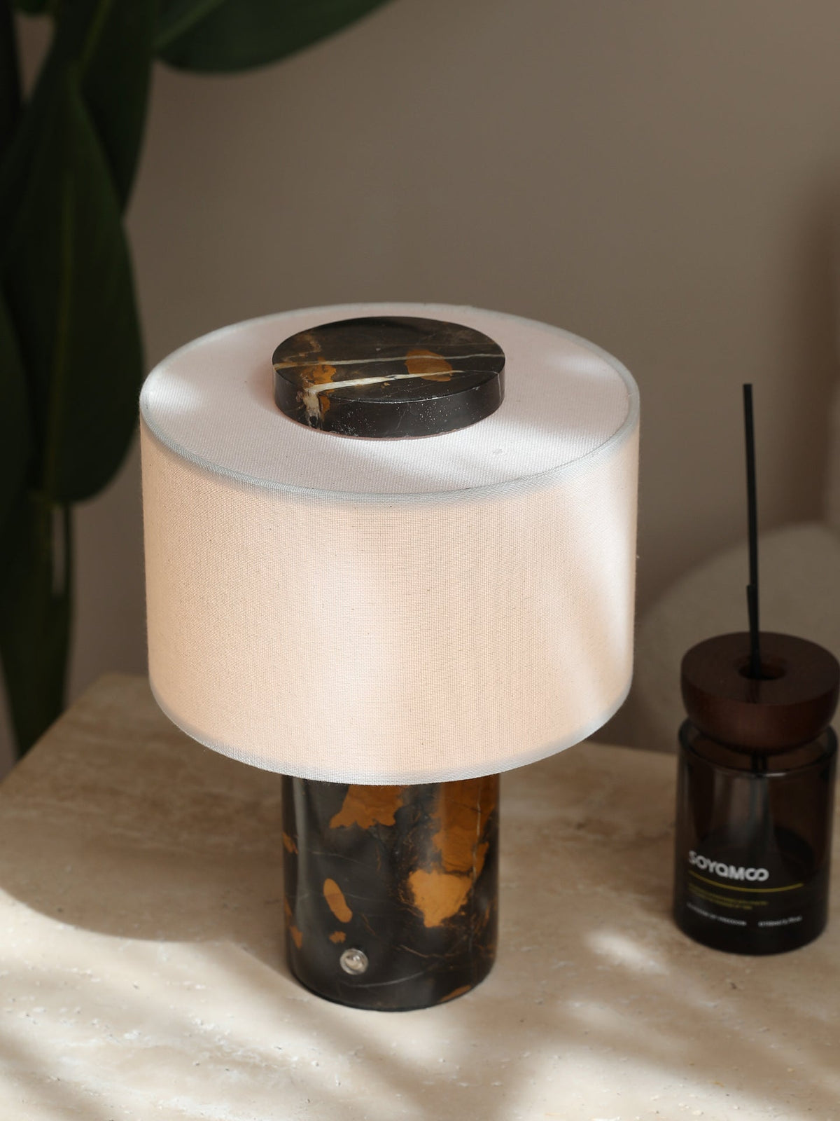 Kalvy Cylindrical Travertine Marble Table Lamp