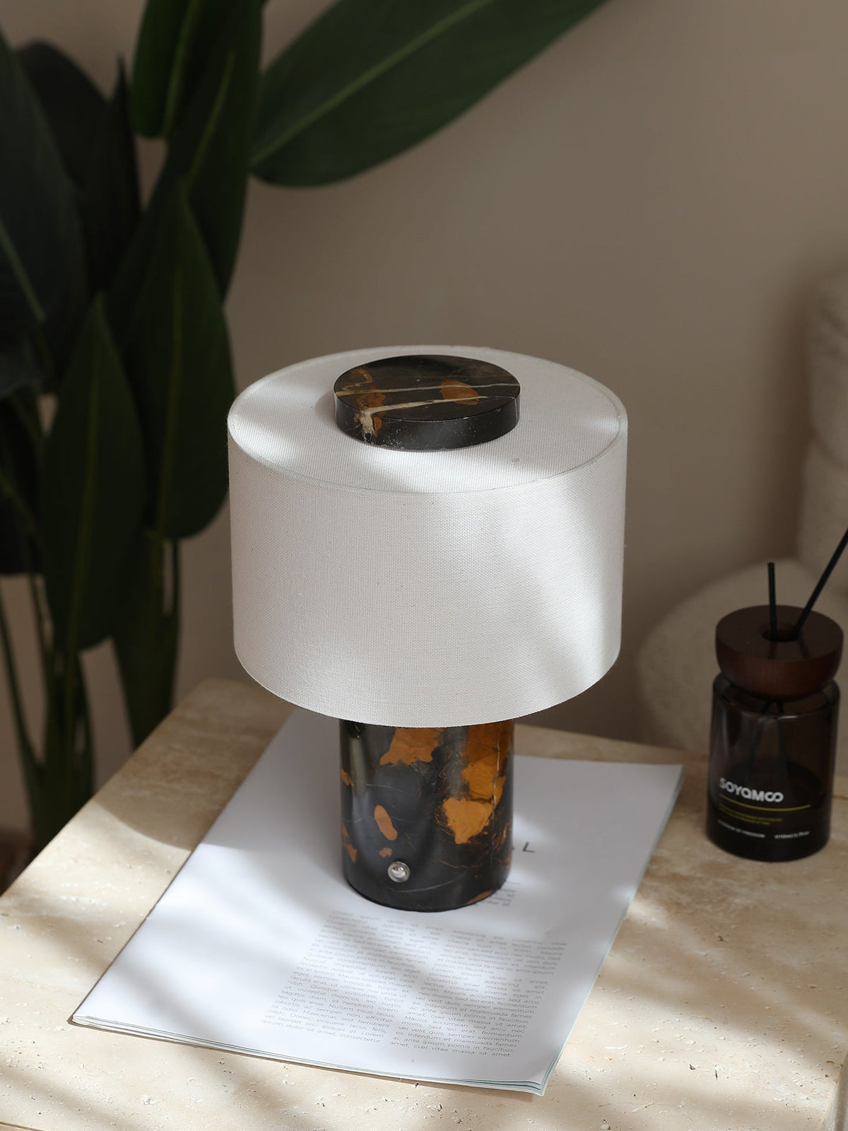 Kalvy Cylindrical Travertine Marble Table Lamp