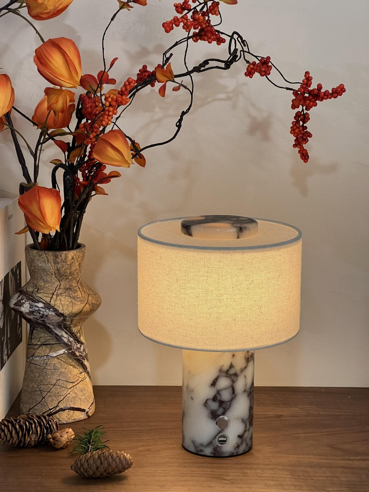 Kalvy Cylindrical Travertine Marble Table Lamp
