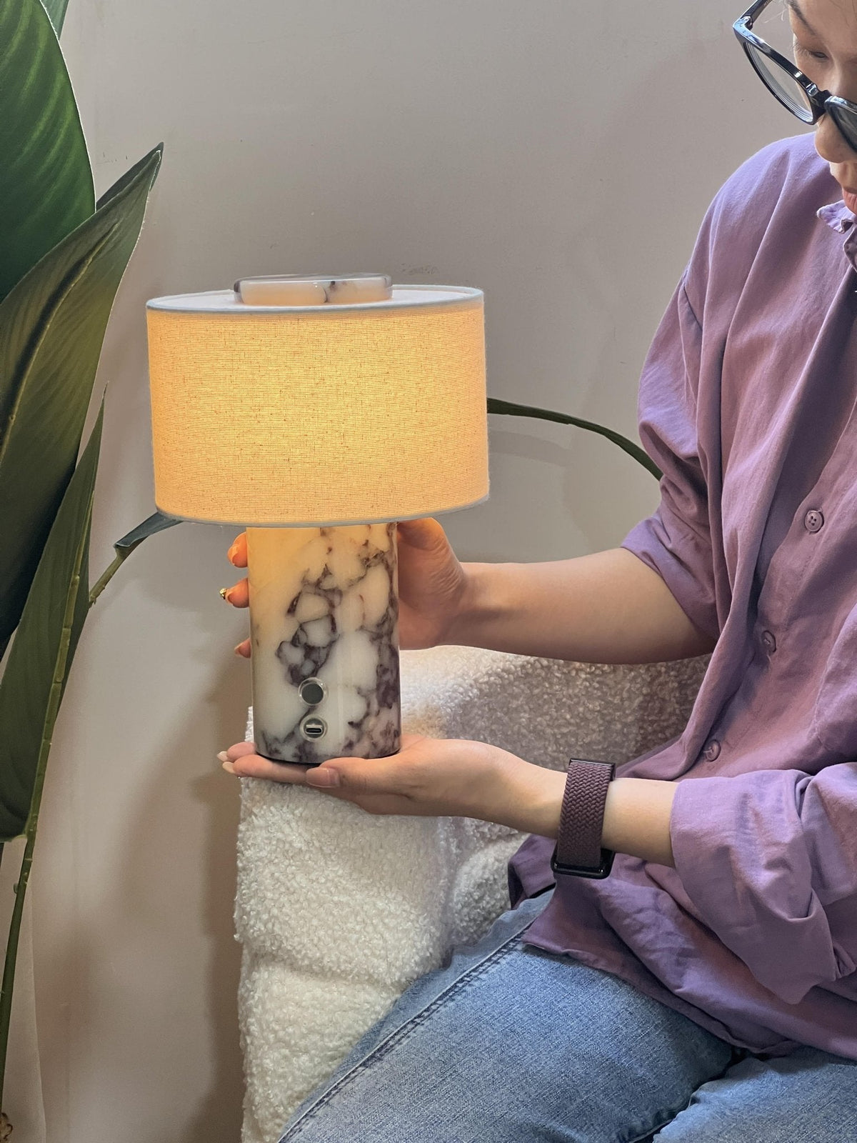 Kalvy Cylindrical Travertine Marble Table Lamp