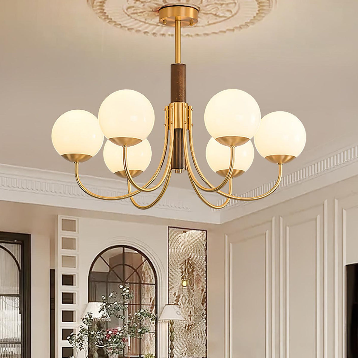 Elverella Chandelier Midas Touch Walnut Sphere Brass