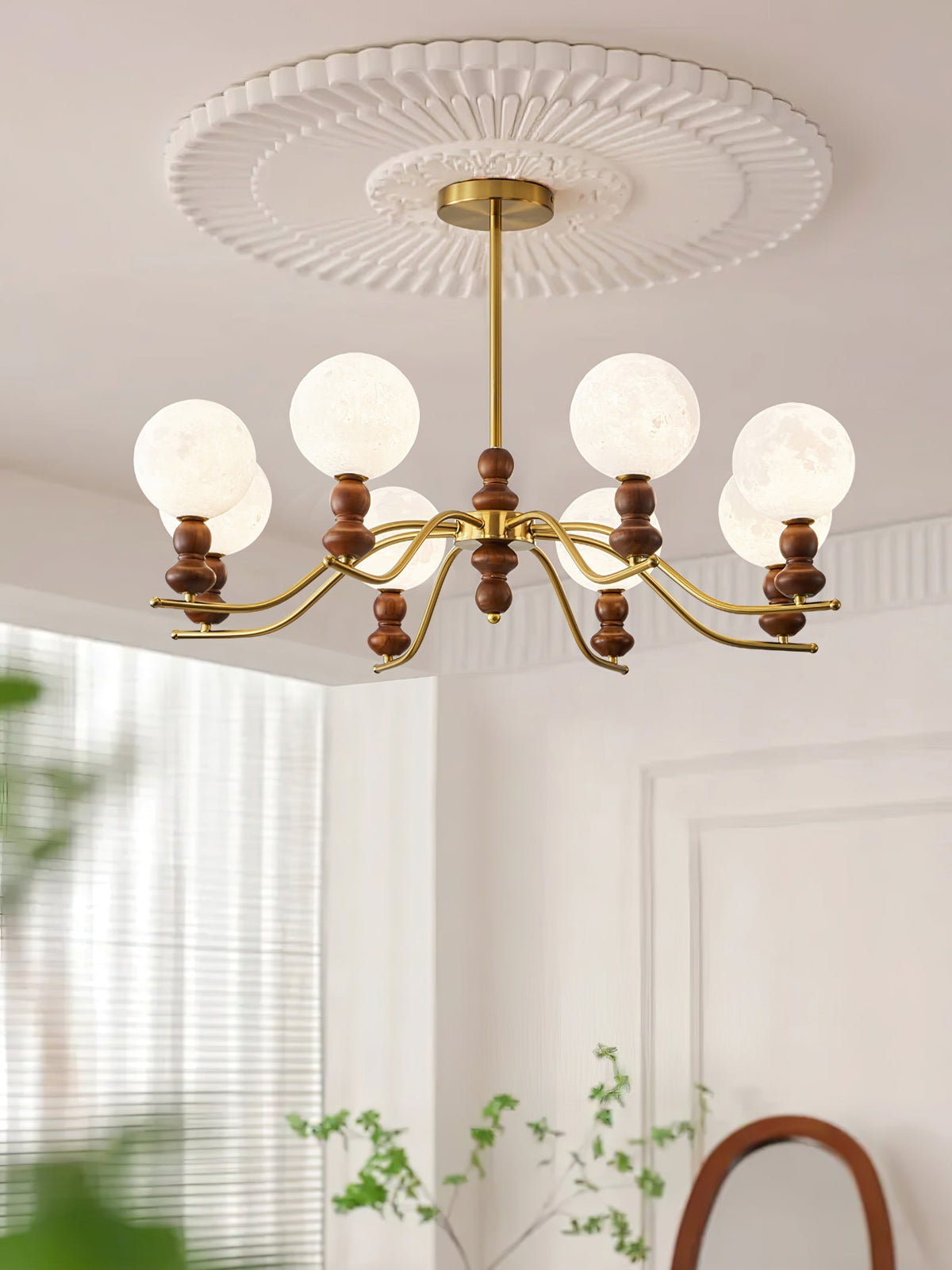 Elvivira Chandelier Brass Wood Moon Globe Elegant