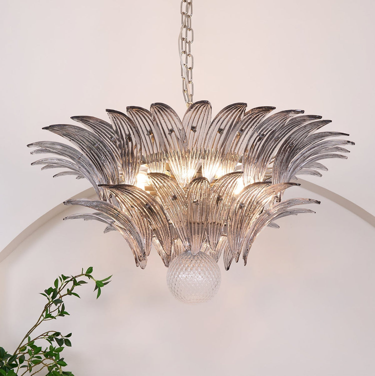 Liororira Chandelier Palmette Clear Murano Glass Leaf Layered