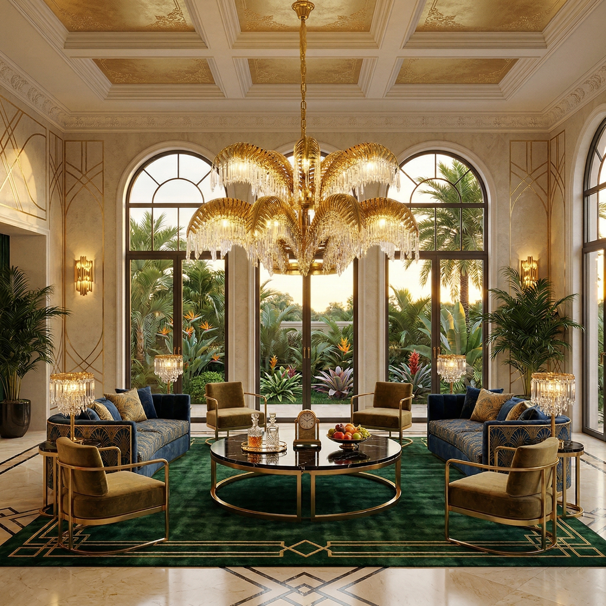 Peya Brass Palm Leaf Crystal Chandelier