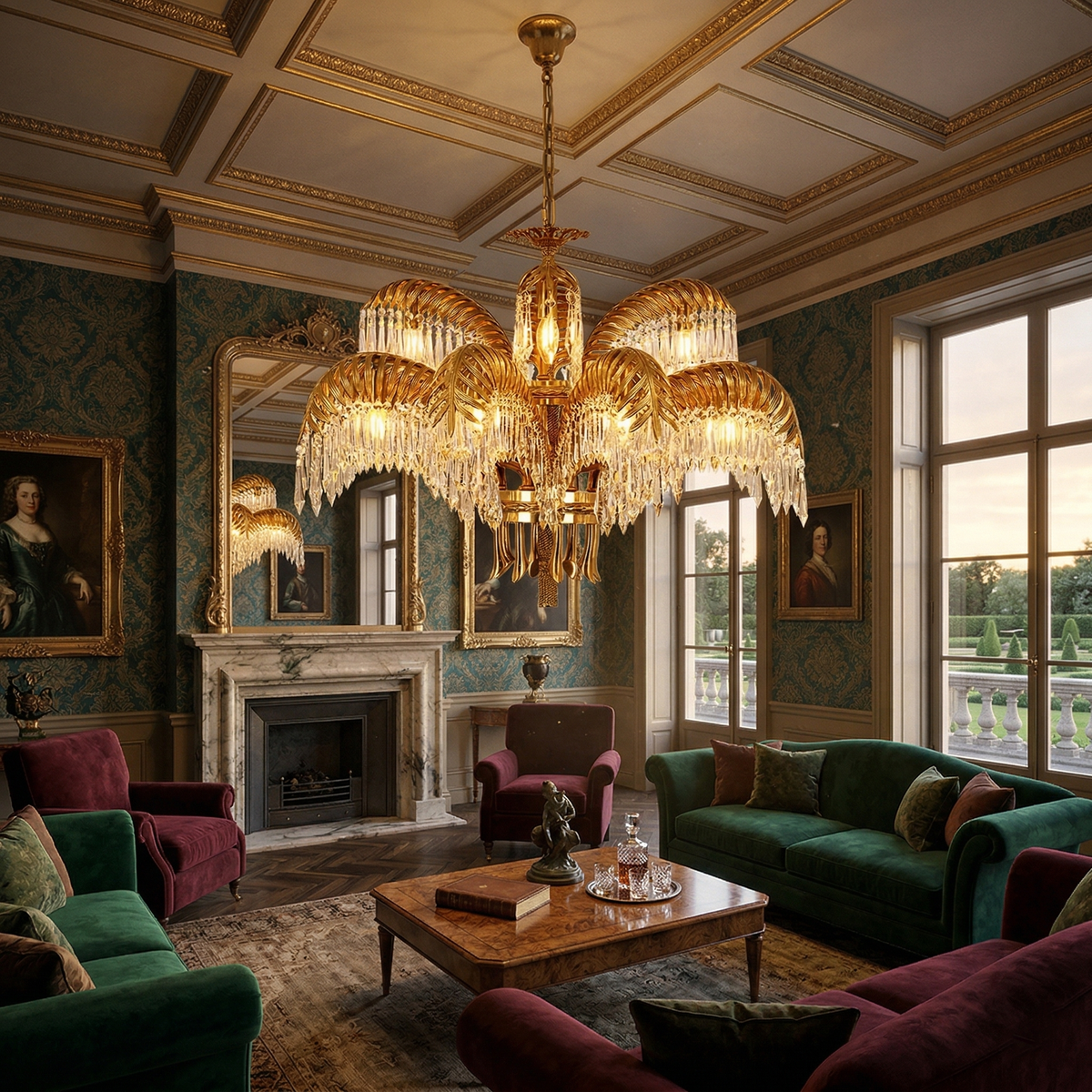 Peya Brass Palm Leaf Crystal Chandelier