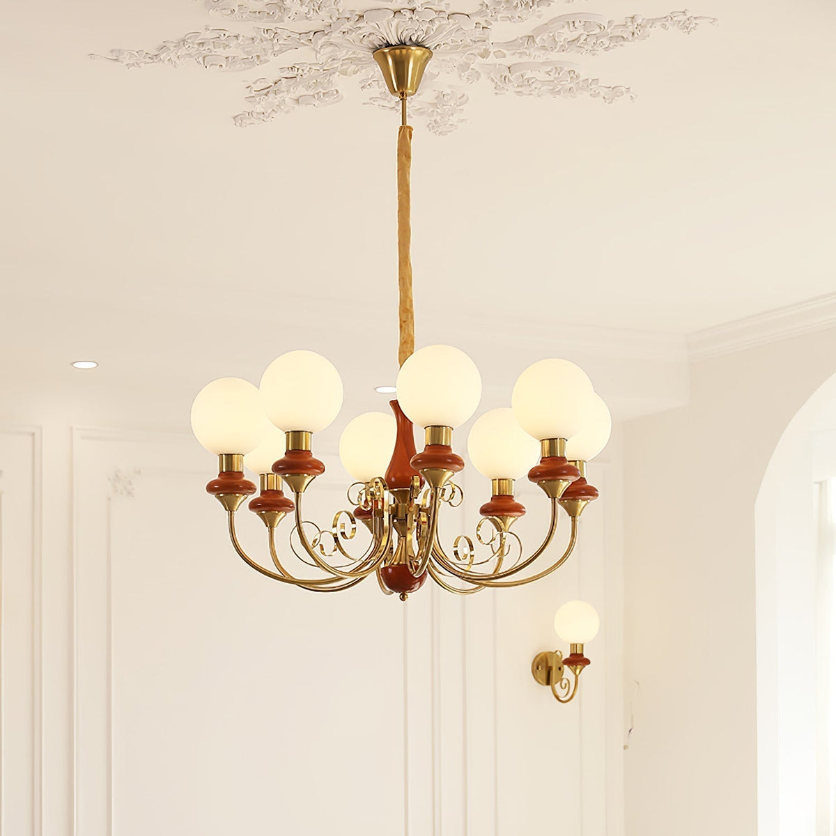 Aurorian Chandelier Green Shades Gold Curved Arms