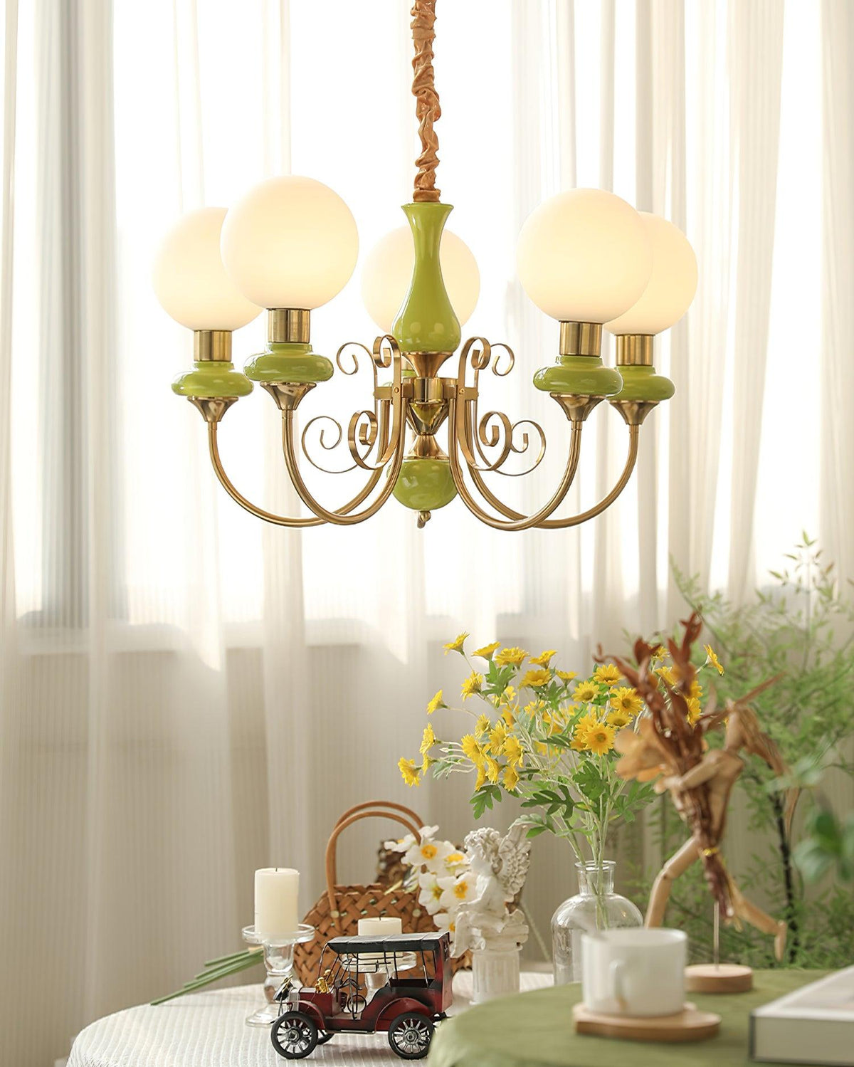 Aurorian Chandelier Green Shades Gold Curved Arms