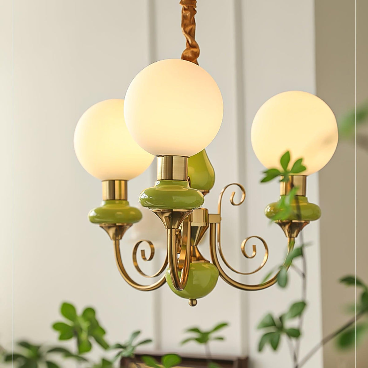 Aurorian Chandelier Green Shades Gold Curved Arms
