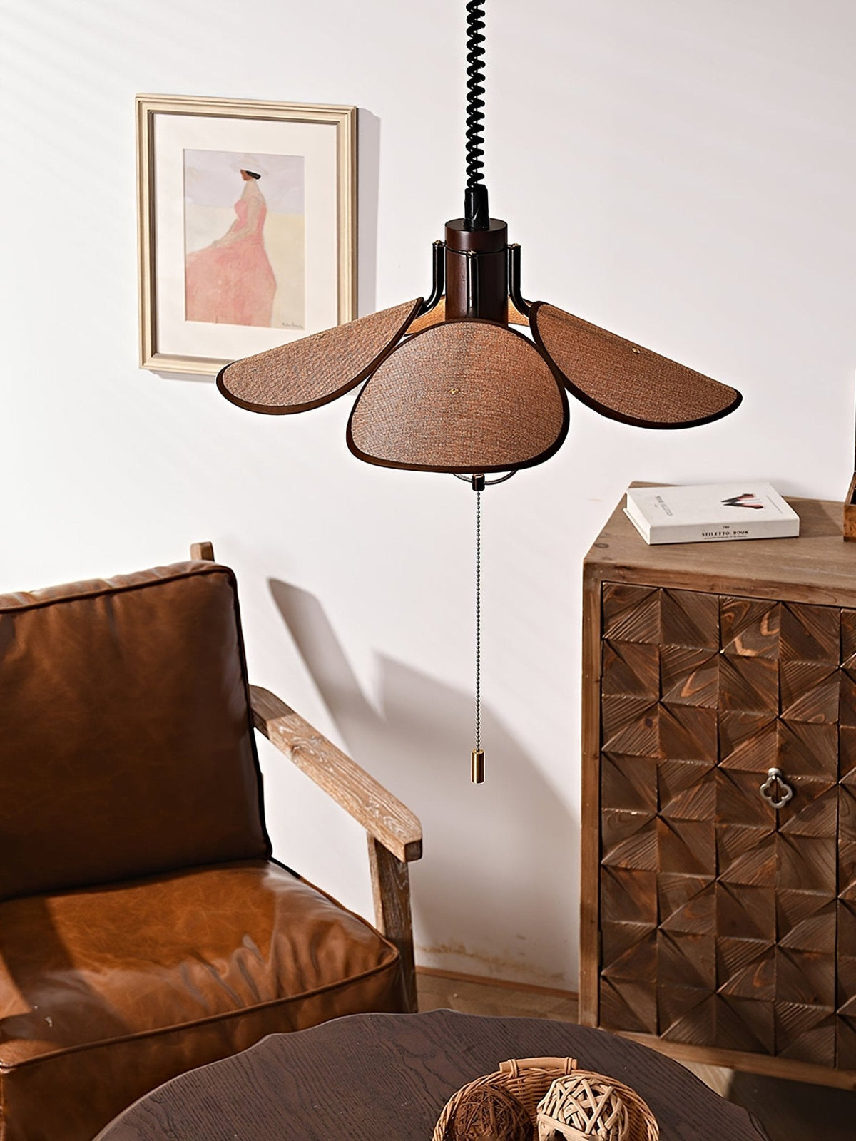 Utalion Traditional Petal Bloom Wood Fabric Pendant Light