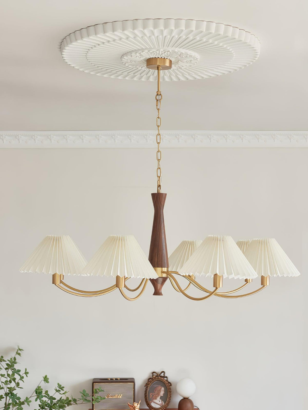 Calivine Chandelier Pleated with White Lampshades Mid-Century